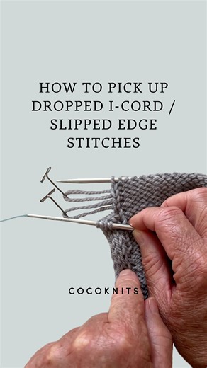 Your eyes aren’t deceiving you. 👀 It IS possible to fix dropped edge stitches - even dropped I-cord (or slipped, or selvedge) edge stitches! The process takes a bit of focus and a little help from some T-pins, but it’s simpler than you might think. Watch this quick demo above, or find the full tutorial on our website: “How to Fix Dropped Stitches Part VI: I-Cord Edge Stitches / Slipped Edge Stitches.” | cocoknits