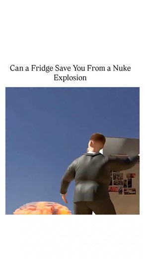 education. on Instagram: "The instagram post features a 21-second animated video debunking the myth that hiding in a refrigerator protects from a nuclear explosion, illustrating how shockwaves would launch the fridge like a missile while thick walls might only briefly shield initial heat and radiation. This trope originates from the 2008 film Indiana Jones and the Kingdom of the Crystal Skull, where the protagonist survives a 1950s nuclear test in a fridge, inspiring memes and games like Fallout