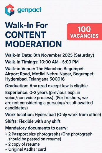 Genpact Urgent Hiring in Hyderabad🚨 | Walk-In Interviews |Content Moderation Role|2025 #fresherjobs