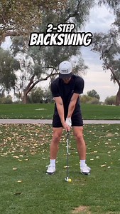 2-Step Backswing: 1. Hands move low & wide to start 2. Hinge to 90° by the time the lead arm is parallel to the ground Width first. Hinge second. #golf #golftips #backswing | Mikeyteetimes