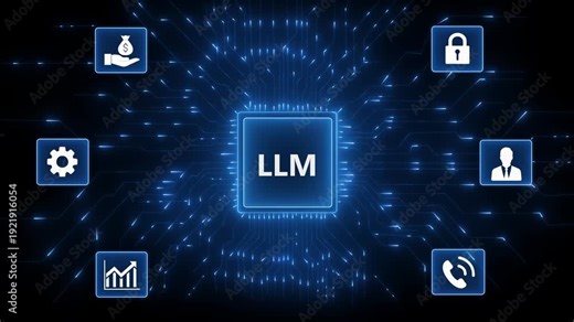 LLM word with icons as vector illustration. AI concept of Large Language Models. 4k motion video. Technology network background concept.4k video animation.
