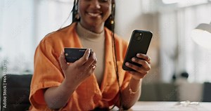 Woman, credit card and hands with phone for online shopping, payment or fintech savings at home. Closeup, mobile banking and finance for sales, password and code for ecommerce to upgrade subscription