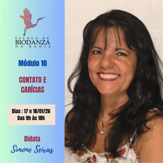 A Escola de Biodanza da Bahia iniciou essa Turma 13 em janeiro de 2025, e estaremos dando continuidade à formação, nos dias 17 e 18 de janeiro de 2026, entrando no seu segundo ano, com o Módulo 10 - Contato e Carícias, que será ministrado pela Facilitadora Didata de Biodanza Simone Seixas. . Segundo Rolando Toro: "Todo corpo que não é acariciado começa a morrer. O contato é uma fonte de saúde e é a ação terapêutica mais importante. Encontrar os caminhos para que todas as pessoas tenham acesso às