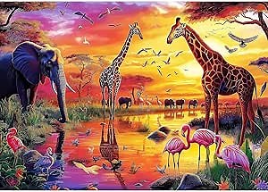 Animal Jigsaw Puzzles for Adults 1000 Pieces Nature Wildlife Scene with Elephants Lion Tiger Giraffes Flamingos Puzzle Family Challenging Funny Puzzle Perfect for Game Nights (27.5"X19.6")
