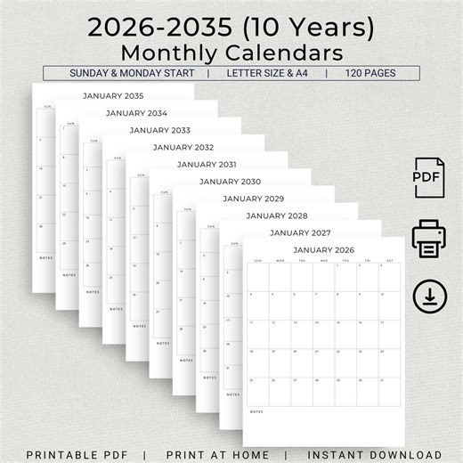 2026-2035 Calendar 10 Years Monthly Planner 2026 to 2035 Agenda Portrait Minimalist Wall Calendar Vertical Printable PDF A4 Letter Download - Etsy