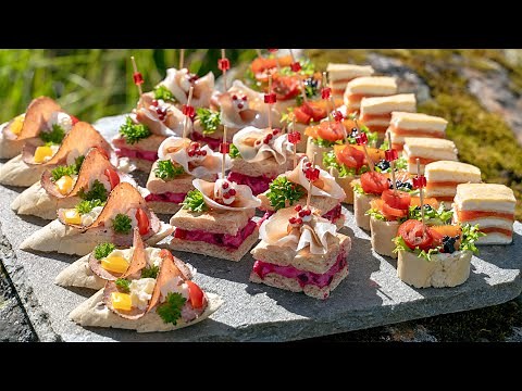 Canapes tricks for you! Mini sandwich, baguette baskets, square and tortilla with salmon