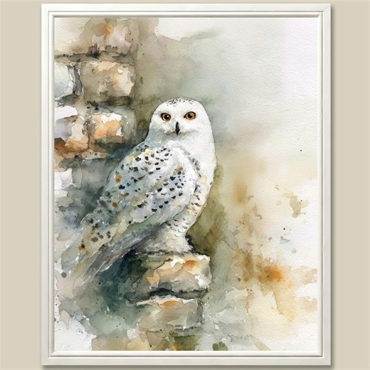Snowy Owl Watercolor Art Print: Arctic Landscape Stone Ruins - Etsy