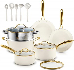 Gotham Steel 15 Pc Pots and Pans Set Non Stick Ceramic Cookware Set Non Stick, Elegant Pot and Pan Set with Gold Handle Finish, non stick pots and pan set with Utensils and Steamer, Cream/Gold