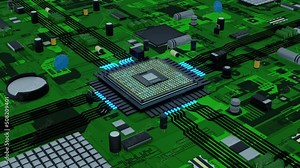 CPU processor circuit with data transmission and advanced engineering. Digitalization process with computer motherboard and electronic hardware, technology background. 3d render animation.
