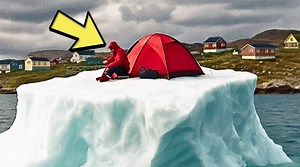 Locals spot a tent on a floating iceberg and witness an unexpected visitor