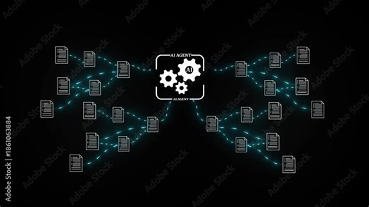 Businessman using AI agents to automate document management and data workflow across digital systems, showing smart process optimization.4k motion graphics video animation.