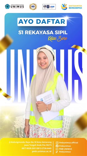S1 Rekayasa / Teknik Sipil Kelas Sore Unimus.. #UNIMUS #gelombang1 #PendaftaranMahasiswaBaru #pmbunimus #kecerdasanbuatan #dkv #hukumbisnis #teknologiinformasi #tekniksipil #arsitektur #informatika #teknikelektro #teknikmesin #manajemen #akuntansi #teknologipangan #kampusunggul #kampusterbaik