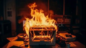 Office Printer Fire Disaster - A multifunction printer is engulfed in flames on an office desk, surrounded by burning papers and other office supplies.