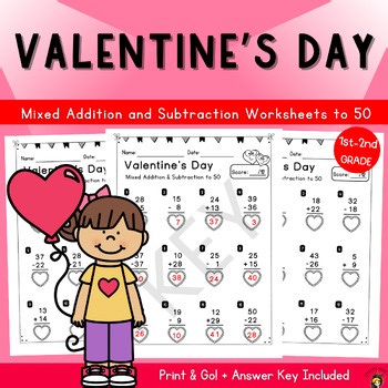 Valentine’s Day Mixed Addition and Subtraction Worksheets to 50