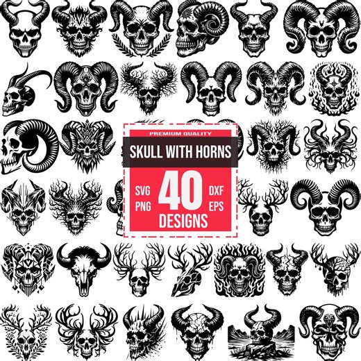 Skull With Horns SVG Bundle With 40 Dark and Detailed Designs for Tattoos Cricut, Gothic Skull Clipart Set, Skull Tattoo, Tribal Skull Horn - Etsy New Zealand