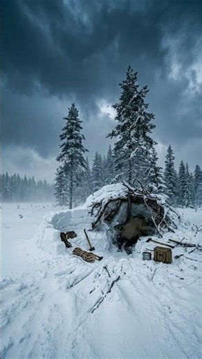 Inside a Blizzard Survival Man Builds Snow Shelter Under Tree in Fast Timelapse #survival #cozyhome