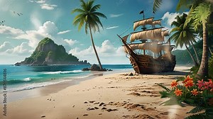 pirate ship stranded on the shore of a remote island, in anime or cartoon style. Seamless looping 4k video animation