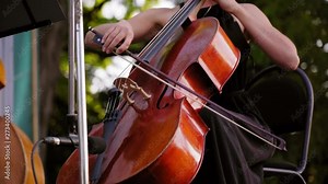 Attractive woman in a black dress plays the cello classical music solo . Beautiful girl perform in ensemble of street musicians in open air at sunset close up. Symphony orchestra performing in park.