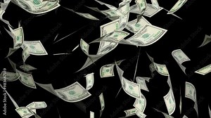 Money Falling - Dollar bills falling down from the sky. ollars bills falling down in 3D animation video, Dollars falling in looped animation. Alpha mask. money rain, raining money, dollars falling.
