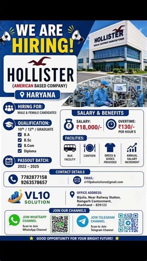 New vacancy available in haryana location| hollister company|- contact call & whatsapp: 9263578657
