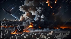 Night view of plumes of smoke. Big explosion after military attack and fire after an rocket damage, building collapsed. War concept. 4k