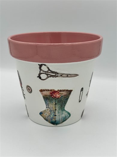 Decoupage Flower Pot-6" Vintage Seamstress Planter Pot in Rose Pink With Matching Saucer - Etsy