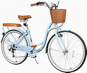 26 Inch Beach Cruiser Bike for Women, 7 Speed, Adjustable Seat, Lightweight with Anti-Skid Tires, V-Brakes, Multi Colors (Double Bar, Pink) (Blue)