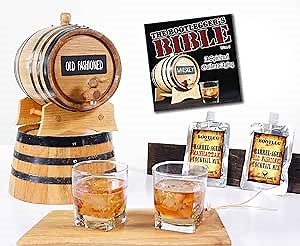 2 Liter Whiskey Barrel Cocktail Aging Kit - 2L Mini Bourbon Barrels Complete with Chalkboard Barrel Front, Stand, Bung, Oak Spigot, Chalk, Cocktail Mix & Bonus Book - Whiskey Making Gifts for Men