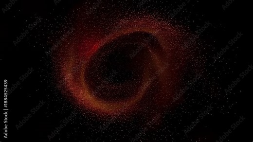Arcing initial twin particle streams merging into luminous ring in space, revealing red core