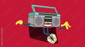 A cartoon tape recorder with arms and legs in sneakers spins a cassette tape and music plays in the speakers. Retro groovy animation