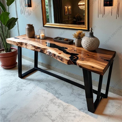 Handcrafted Live Edge Console Table: Black Epoxy Resin, Modern Rustic - Etsy