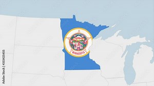 US State Minnesota map highlighted in Minnesota flag colors and pin of country capital Saint Paul.
