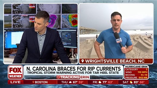 129K views · 1K reactions | BRACING FOR IMPACT: North Carolina's Outer Banks are readying for strong swells, storm surge and rip currents from powerful Hurricane Erin swirling offshore in the Atlantic. A Storm Surge Warning is in place for much of the North Carolina coastline. FOX Weather Meteorologist Steve Bender is in Wrightsville Beach with the latest forecast: | FOX Weather | Facebook