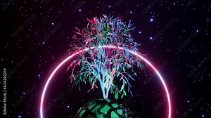 Abstract Tree of Life with roots on earth planet and circle. Seamless loop particles on background. Place for logo. Template. stage design, presentation or spiritual symbols and projects