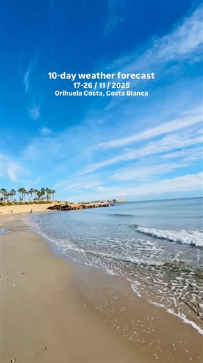 10-day weather forecast for Orihuela Costa Over the next ten days, we’re expecting lots of sunshine and very pleasant temperatures — a real treat for November on the Costa Blanca. Most days will be around 20°C, making for warm, bright, and enjoyable weather. There’s a slight dip in temperatures expected on Friday and Saturday, when things will cool down a bit more to around 16°C. But aside from that, it’s beautiful, sunny, and mild all week long — perfect for outdoor walks, relaxing by the beach