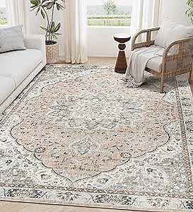 befbee Washable Rug 8x10 Area Rugs for Living Room - Stain Resistant Non-Slip Backing Rugs for Bedroom - Vintage Large Area Rug (Peach/Gray, 8'x10')