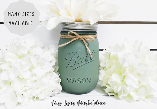 Painted Mason Jars, Mason Jar, Mason Jar Decor, Farmhouse Decor, Rustic Home Decor, Country Chic Home Decor, Green Mason Jar, Decor - Etsy