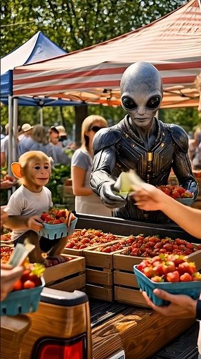 Alien & Baby Monkey Selling Strawberries at a Busy USA Market 🍓 (So Cute!) #usashorts #shorts