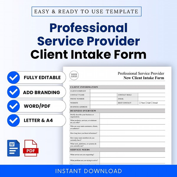 Professional Service Provider Client Intake Form Template – Word & PDF, A4 + US Letter - Etsy