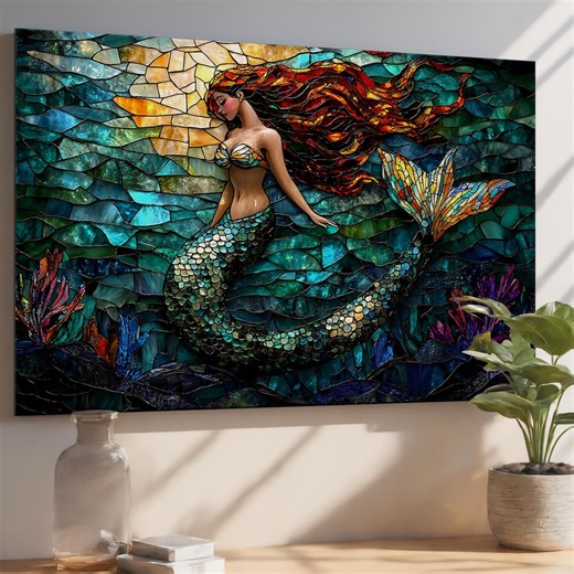 Mermaid Tempered Glass Wall Art – Stained Glass Style Ocean Print - Etsy