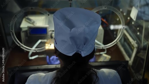 Rear view of a laboratory technician operating a sealed glovebox workstation inside a controlled sterile environment, using ports for precise research and sample handling