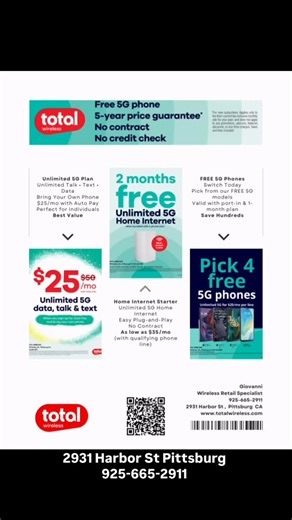 Total Wireless Authorized Retailer - 2931 Harbor St Pittsburg on Instagram: "🚨 Looking to save BIG on wireless? 📱 Switch to Total Wireless and get a FREE 5G phone! No contract. No credit check. And yes — powered by the Verizon 5G network. 💥 Unlimited talk, text & 5G data for just $25 a month when you bring your own phone and set up AutoPay. 🏠 Need internet too? Get 2 MONTHS FREE of Unlimited 5G Home Internet when you bundle with a phone line — easy plug-and-play, no contracts! 👨‍👩‍👧‍👦 Go