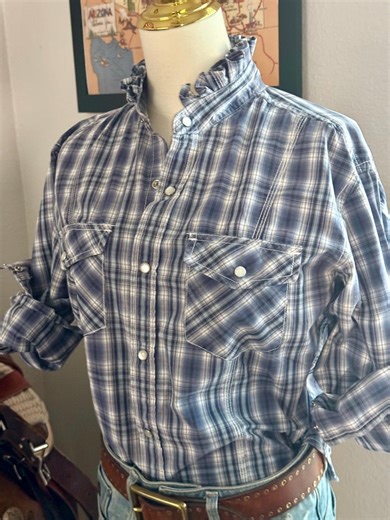 Upcycled Mens to Ladies Pearl Snap Ruffle Collar Top | Reworked Handmade Shirt - Etsy