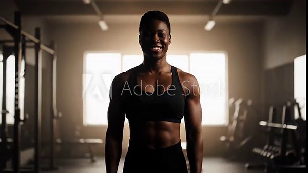 Fit african american woman with a muscular physique smiling at the camera while lowering her arms after a strenuous workout in a gym