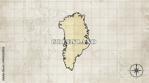 Greenland territory map animation – vintage style loopable video with territory borders and capital Nuuk on blank old paper background.
