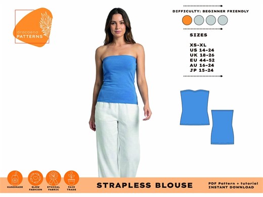 Strapless Blouse Sewing Pattern, Digital Tube Top PDF, Elastic Jersey Bustier Pattern, Easy Beginner Sewing Project for Women - Etsy