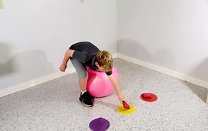 The exercise ball can be used for so much more than the traditional seated or prone exercises. . In this example, we are using it as part of a balance challenge. . The majority of the weight is on the single leg stance leg. . There are a variety of activities you can add to this, such as the bean bag catch that's happening in this video. . In this one activity, we've got balance, coordination, visual motor, strength, and more happening! . ☝️Follow Pink Oatmeal for more ideas and resources, and b