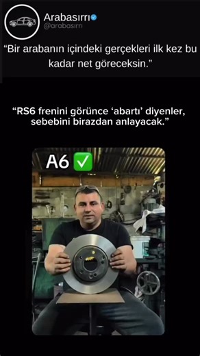 Araba Sırrı on Instagram: "Dışarıdan bakınca iki disk de “fren diski” gibi görünebilir ama RS6 ile A6 arasındaki fark sadece boyut değil, tamamen görev tanımıdır. 🔧 Audi A6, günlük kullanım odaklıdır. Fren diskleri konfor, sessizlik ve uzun ömür için tasarlanır. Isı toleransı normal sürüş senaryolarına uygundur. 🔥 Audi RS6 ise yüksek hızdan defalarca sert fren yapabilecek şekilde geliştirilmiştir. Daha geniş çap, kalın disk yapısı ve bazı versiyonlarda karbon-seramik frenler kullanılır. Bunun