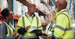 Logistics, team and tablet in warehouse for distribution training, service delivery and inventory management. Inspection, people or tech with supply chain instructions, staff meeting or stock control