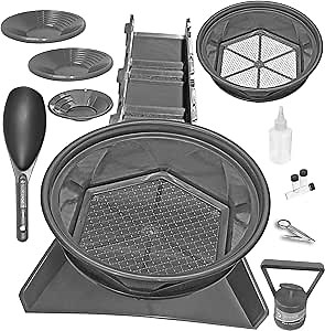 16 Piece Gold Panning Kit - Gold Mining Kit with Sluice Box and Bucket Classifiers; Three Gold Pans; Tweezers; Vials; Magnetic Separator and Snifter Bottle